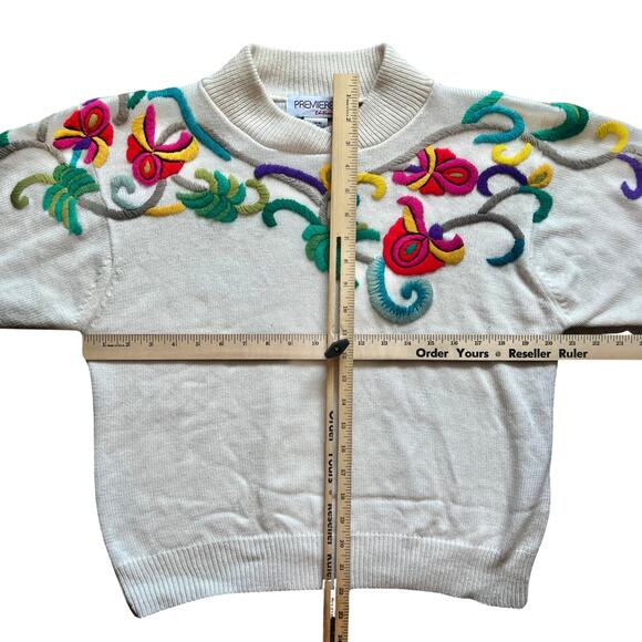 Vintage 80s Cream Shawl Collar Pink Green Embroidered Flower Knit Sweater size L - Picture 4 of 8